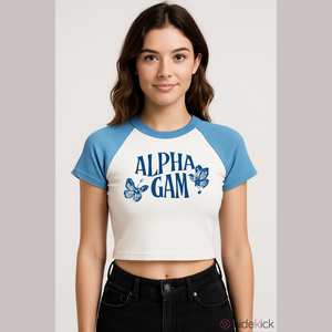 3/$10 Y2K The Hang Loose Hut Blue & White Alpha Gam Crop Baby Tee